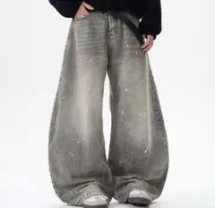 激太 バギーデニム ワイドパンツ バルーン Y2K 地底人似　ペイント加工　M