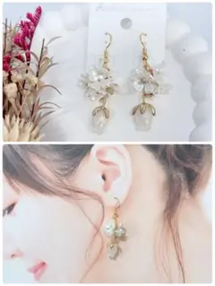 ハンドメイドピアス❤️白フラワー×白フラワーピアス❤️お花ピアス　パールホワイト