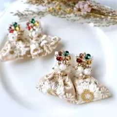 インド刺繍リボン アンティーク調 フラワー パール ピアス