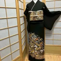 ［7894］［R0052］［8032］［8488］黒留袖 五つ紋 正絹 着物 袷 着物 黒留袖 五つ紋 鶴 松 波紋 江戸妻 アンティーク /1007 : キモノ