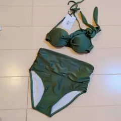 水着 レディース ビキニ 2点セット パッド付き 緑 ワンショルダー