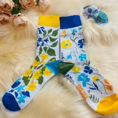復活！靴下　ブルーイエロー非対称ソックス　プレゼントやお揃いでも！植物のサムネイル