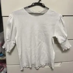 ems ホワイト リブ編み パフスリーブ 半袖トップス