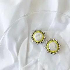 バロックパール シルバービーズ イエロー ビーズ刺繍 ピアス/イヤリング