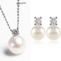 パール 1粒 ダイヤ ネックレス イヤリング セット シルバー ステンレス 新品