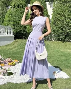 ラベンダー　ノースリーブワンピース バックジッパー付き