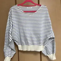 ナチュラルビューティーベーシック　ボーダーニット　白系【F】Ｖネック　ショート丈