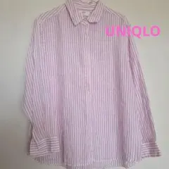 UNIQLO レディースリネン長袖シャツ XL ピンクストライプ　麻100%