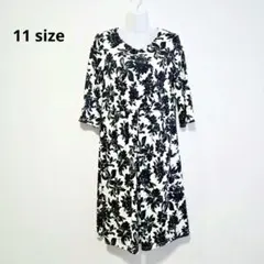 花柄 モノトーン花柄ワンピース 七分袖 Vネック 上品 大人 L 11号