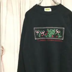 【USA製 ご当地 スウェット】 刺繍 花 L 黒 古着感 アメリカ製 ブラック