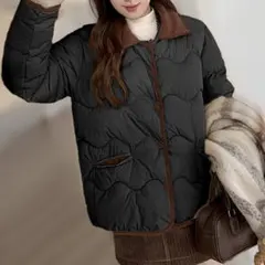 キルティングジャケット 黒 ブラウン襟