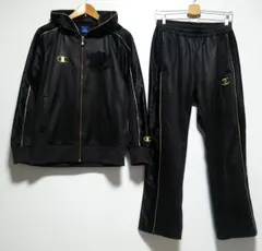 美品 チャンピオン ★全て刺繍ロゴ／黒×金 ジャージ 上下セットアップ メンズM