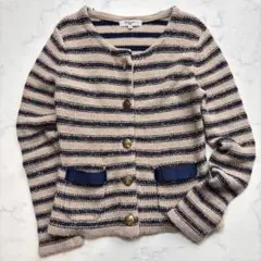 ナチュラルビューティーベーシック　ボーダーニットカーディガン　【M】　金ボタン