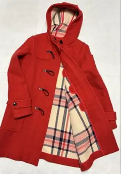 ブルーレーベルクレストブリッジ　ダッフルコート　フード　ウール　チェック柄　赤