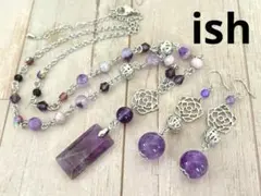 【A169】ishアメジストスクエア・ラウンド・薔薇チャームネックレス＆ピアス