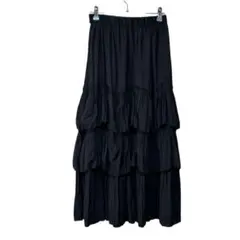美品 アース ティアードスカート 黒 ロング 落ち感◎ 裏地あり F フェミニン