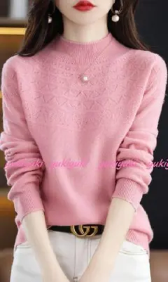 M極上柔らかカシミヤ100％★胸元編地暖かハイネックニット♪ピンクM