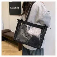痛バッグ黒　推し活バッグ缶バ　A4クリアトート　レースアップ　ブラック