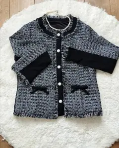 アンドラブ　ノーカラーツイードジャケット ブラック・ホワイト