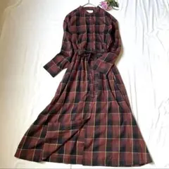 グリーンレーベルリラクシング チェックワンピース ロング シャツ ウエストベルト
