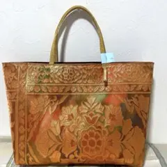 2832特大：金地に菊花桐の重亀甲刺繍 帯 バッグ リメイク ハンドメイド