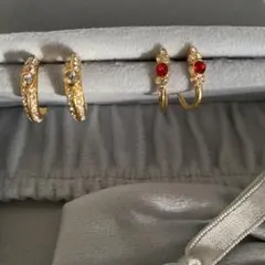 ゴールド フープピアス クリア レッド２点セット