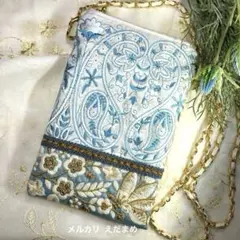 スマホショルダー スマホポシェット サコッシュ インド刺繍リボン 春色 白×水色