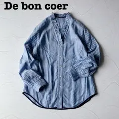 ✨極美品✨ドゥボンクール フリルブラウス ストライプシャツ Vネック ブルー