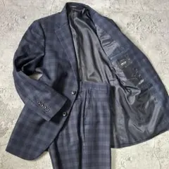 美品 コムサイズム グレンチェック 総裏 セットアップ スーツ ネイビー メンズ