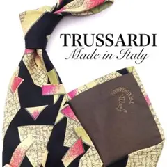 【美品】TRUSSARDI ネクタイ 総柄 ブラック 黒 イエロー 黄 個性的