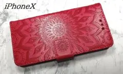 iPhoneX/XS 用 手帳型 スマホケース 浮彫エスニック柄 レッド 赤色
