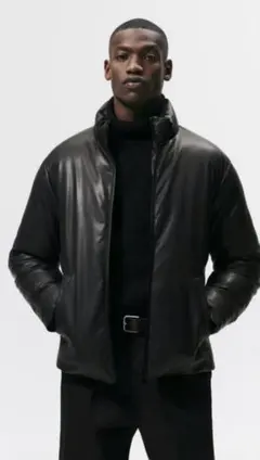 ZARA ザラ　難ありフェイクレザーパフジャケット　ダウンジャケット ブラック