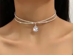 シルバー ダブルチェーン ネックレス クリスタルペンダント