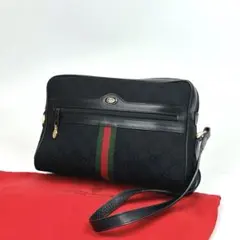 美品■グッチ ショルダーバッグ シェリーライン GGキャンバス ブラック レザー