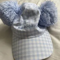 ミッキー・ミニー ポンポン帽子 水色 ギンガムチェック　キャップ