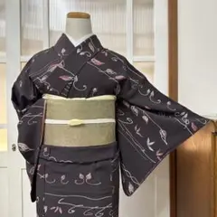 小紋　レトロ　袷　正絹　黒鳶色　抽象木ノ葉模様　身丈156裄64