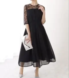 ブラックレース袖付きパーティードレス