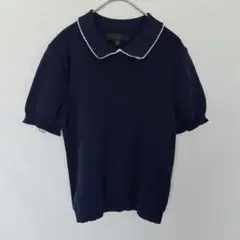 ZARA 襟付きニットトップス パフスリーブ 半袖 ネイビー フリル襟 きれいめ