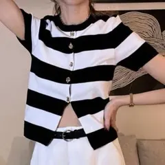 SHEIN ボーダー カジュアル ニット トップス カーディガン ボタン