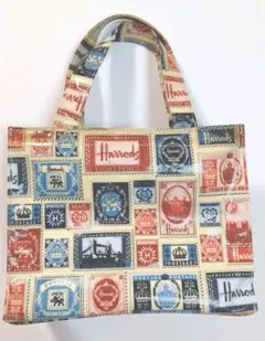 ハロッズ　サブバック　切手模様　ファスナー付き