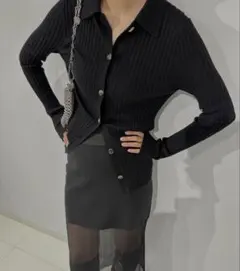 リブ編みダークグレー長袖カーディガン