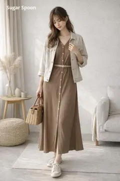 美品 SugarSpoon リブニットロングワンピ ブラウン ゆったり体型カバー