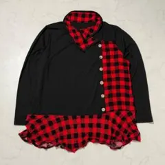k*T様 トップス デザインカットソー 長袖 黒 赤チェック 春秋 カジュアル