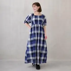 LIEN petit main 肩あきチェックワンピース　ネイビー パフスリーブ