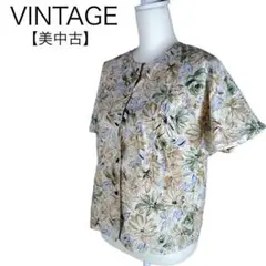 美品★ヴィンテージ　花柄シャツ　半袖　ノーカラー　日本製　大きいサイズ　レトロ