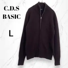 【C.D.S BASIC】ハイネック長袖ジップアップニットセーター L ブラウン