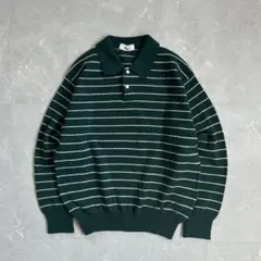 90s OLD ボーダー ニット ニットポロ 襟付き グリーン 古着 短丈 M