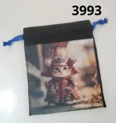 3993　猫パネルの巾着S　甲冑　侍　猫