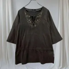 COMME CA ISM 刺繍レースアップチュニック 七分袖 F 春秋 ゆったり