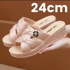 厚底　サンダル　ミュール　ウェッジソール　リボン　花　ピンク　クロスストラップ